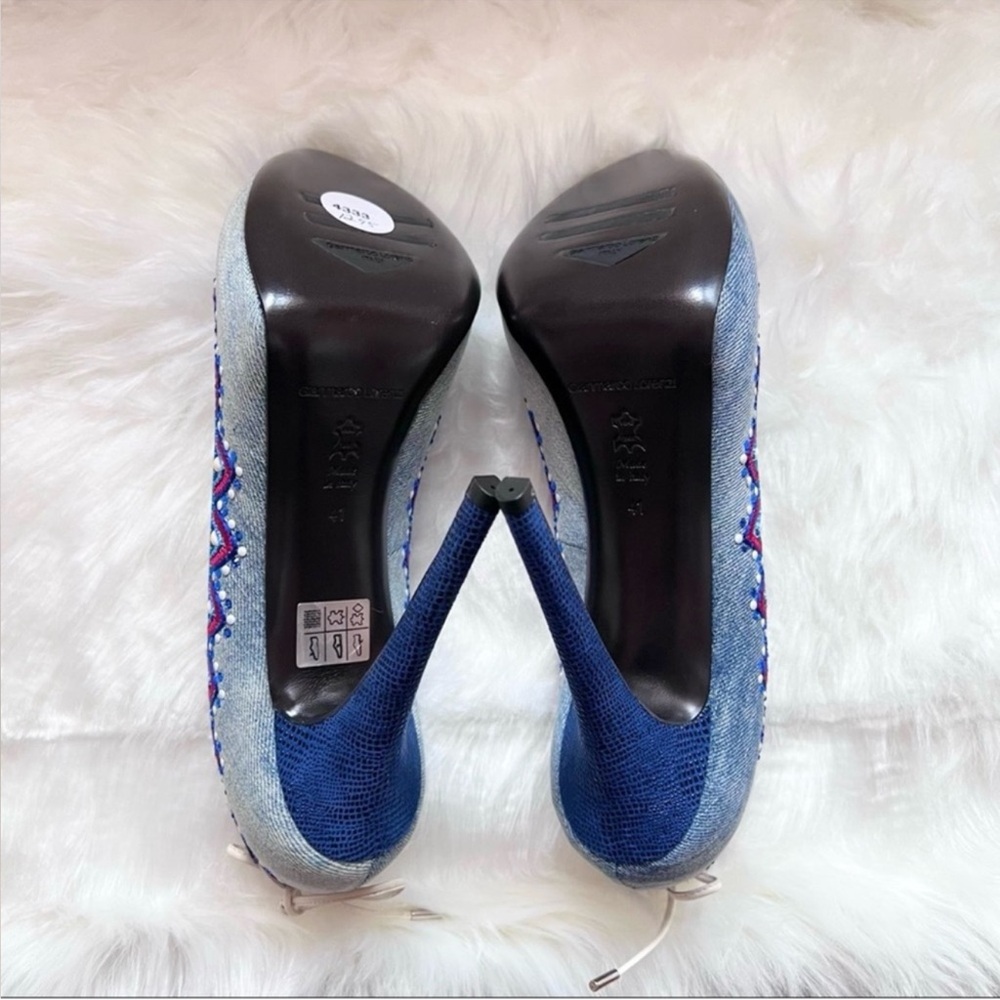 New! GIANMATCO LORENZI Denina Embellished Denim Peep Toe Pumps - Picture 10 of 12